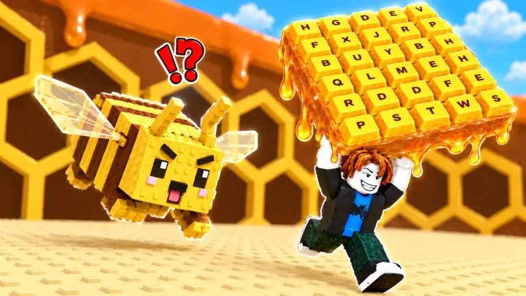 Official thumbnail of a player running with a dripping honeycomb keyboard while a blocky bee chases them.
